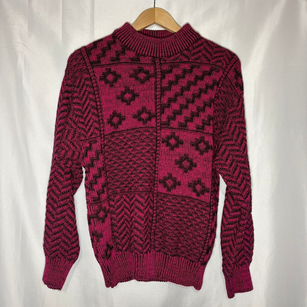 Vintage Lerner Magenta Pink Black Geo Patchwork Heavy Knit‎ Sweater Mock Neck